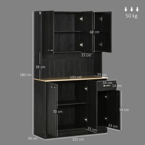 Armário de Cozinha Aparador de Sala de Jantar com 1 Gaveta 6 Portas e Prateleiras Ajustáveis Estilo Moderno 101x39x180 cm Preto e Madeira