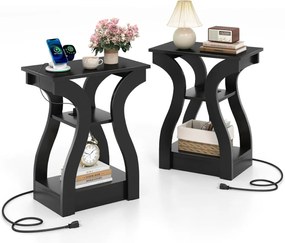 Conjunto de 2 mesas cabeçeira, ou mesas de apoio 50 x 30 x 60,5 cm com estação de carregamento de 3 níveis com prateleiras abertas e portas USB com to