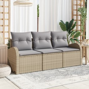 Conjunto de Sofá de Jardim de 3 Peças com Almofadas Bege Polyrattan