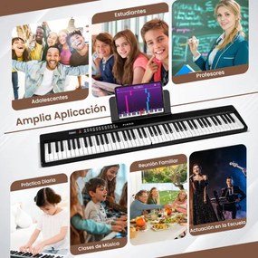 Teclado de piano elétrico dobrável com 88 teclas, tamanho normal, semi-pesado e portátil com MIDI 128 x 23 x 6 cm Preto