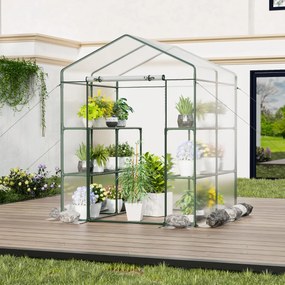 Estufa de jardim 139 x 144 x 195 cm com 8 prateleiras Cobertura em PVC Porta enrolável com fecho de correr Estrutura metálica transparente