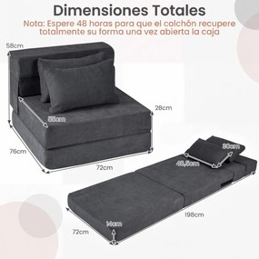 Sofá-cama futon dobrável 3 em 1 com 2 almofadas, em tecido de chenille , para sala, quarto ou escritório cinza
