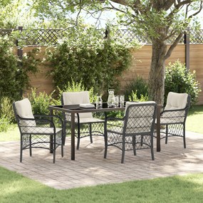 vidaXL Conjunto de Jantar de Jardim de 5 Peças com Almofadas Preto Rattan PE