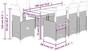 9 pcs conjunto bistrô de jardim c/ almofadões vime PE cinzento