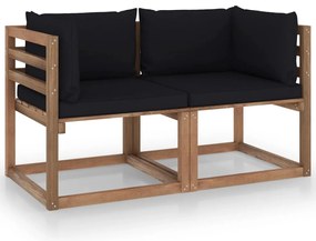 Sofá de paletes p/ jardim 2 lug. com almofadões pretos pinho