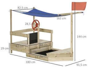 Caixa de Areia Infantil de Madeira Desenho de Barco a Vela Toldo Quadro Negro bandeira Vermelha e Volante Caixa de Areia de Jardim para Crianças acima