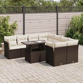 9 pcs conjunto sofás p/ jardim c/ almofadões vime PE castanho