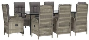 9 pcs conjunto jantar jardim c/ almofadões vime PE preto/cinza