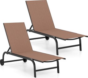 Conjunto de 2 Espreguiçadeiras de Jardim, 190 x 69 cm, Encosto Ajustável em 6 Posições, Castanho