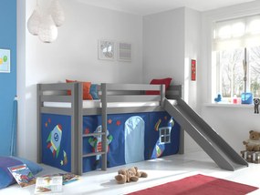 Conjunto Cama alta de Criança PINO 90 x 200 cm + estrado + escada + escorrega + cortina Astronauta Cinzenta