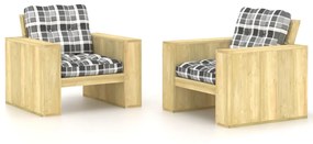 Cadeiras de jardim 2 pcs c/ almofadões xadrez cinzento pinho