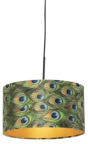 Candeeiro de suspensão com abajur de veludo azul-petróleo com dourado 35 cm - Combi Clássico / Antigo,Country / Rústico