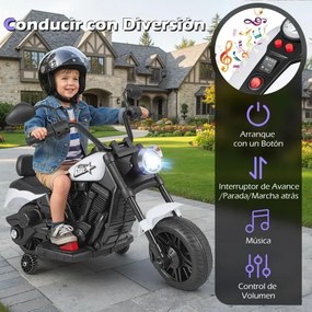 Mota elétrica infantil de 6 V com farol LED, música, 2 rodas, pedais de treino e espelhos retrovisores – a partir dos 18 meses – Preto + Branco