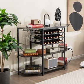 Garrafeira Armário para vinhos Estante de 3 níveis para vinhos com suportes para copos Tomadas eléctricas Estante para vinhos de bar 120 x 40 x 92 cm