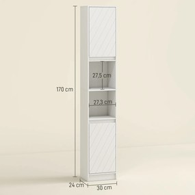 Armário de coluna para casa de banho 30 x 24 x 170 cm, móvel de arrumação com 2 portas, 2 compartimentos abertos, branco