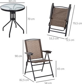 Conjunto de jardim de 3 peças: 2 cadeiras reclináveis com várias posições e dobráveis + mesa redonda em vidro temperado Castanho