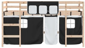 Cama alta criança c/ cortina 80x200cm pinho maciço branco/preto