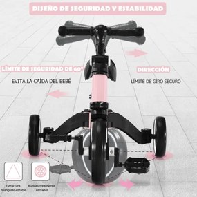 Bicicleta infantil 3 em 1 para 1-3 anos com assento ajustável e guiador Triciclo infantil de 3 rodas para andar 62 x 46 x 48 cm Rosa