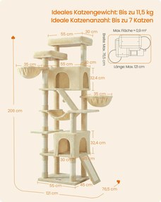 Arranhador para gatos para arranhar XXL com placas para arranhar e sisal, 55 x 45 x 206 cm, bege