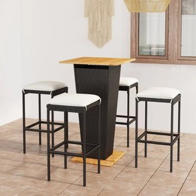 vidaXL 5 pcs conjunto de bar p/ jardim c/ almofadões vime PE preto