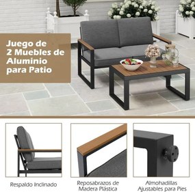 Conjunto de móveis de jardim em alumínio com Sofá seccional estofado cinzento e com mesa de centro almofadas cinzentas