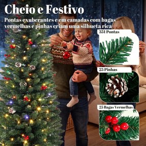 Árvore de Natal Estreita com 170 Luzes LED Bicolor, 180 cm, 351 Ramos Ignífugos, 11 Modos, 25 Pinhas, 25 Bagas Vermelhas, Comando, Verde