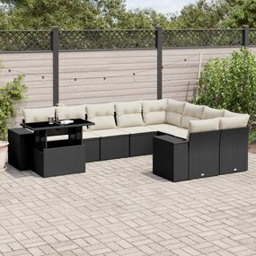 10 pcs conjunto sofás de jardim c/ almofadões vime PE preto