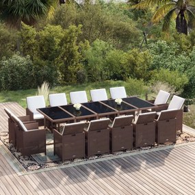 vidaXL 15 pcs conjunto jantar p/ jardim c/ almofadões vime PE castanho