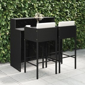 3 pcs conjunto de bar para jardim com almofadões vime PE preto