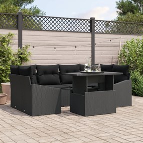 Conjunto de Sofá de Jardim 7 Peças com Almofadas Preto em Rattan Polié