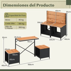 Banco Conversível para Exterior 2 em 1: Mesa de Piquenique e Sofá de 2 Lugares, Estrutura Metálica, Rattan de PE, Dobrável, para Pátios, Preto e casta
