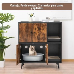 Armario Caixa de areia para gatos com portas, Estante aberta e poste para arranhar gatos 90 x 50 x 54 cm Preto e Castanho