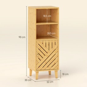 Armário de Casa de Banho Estreito Móvel Auxiliar de Casa de Banho 32x30x90 cm com 2 Prateleiras Abertas e Pés de Bambu Madeira