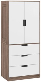 HOMCOM Armário 2 portas, armário moderno com 3 gavetas e barra para pendurar para quarto, marron | Aosom Portugal