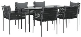 7 pcs conjunto de jantar p/ jardim c/ almofadões vime PE e aço