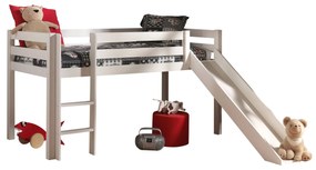 Conjunto Cama alta de Criança PINO 90 x 200 cm + estrado + escada + escorrega + cortina + 3 bolsas + túnel Pássaros branca