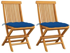 vidaXL Cadeiras de jardim c/ almofadões azuis 2 pcs teca maciça
