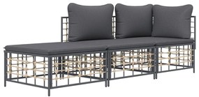 3 pcs conjunto lounge de jardim c/ almofadões vime PE antracite