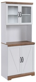 HOMCOM Armário de Cozinha com 2 Portas de Vidro Prateleiras Ajustáveis Bancada e Sistema Anti-Tombo 72x40x178cm Branco e Madeira | Aosom Portugal