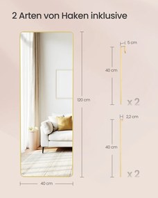 Espelho de corpo inteiro retangular 120 x 40 cm Dourado
