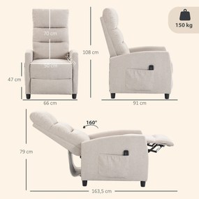 Poltrona de Massagem Reclinável com Apoio para Pés, 2 Zonas de Massagem, Encosto Alto, Bolsos, Estofada em Chenille Creme