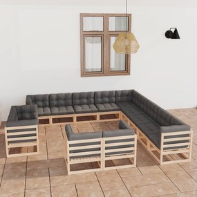 vidaXL 13 pcs conjunto lounge de jardim c/ almofadões pinho maciço