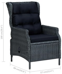 3 pcs conj. lounge jardim c/ almofadões vime PE cinzento-escuro