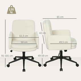 Cadeira de escritório, cadeira giratória de escritório com altura ajustável, função de inclinação, 61,5 x 65 x 91-101 cm, creme