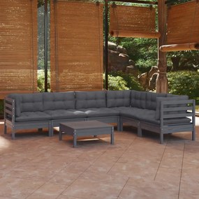 7 pcs conjunto lounge de jardim + almofadões pinho maciço cinza