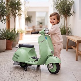 Mota Elétrica Infantil 6V Vespa com Licença Oficial, Arranque Suave, Rodinhas Desmontáveis, Luz Dianteira, Música, Buzina e USB, Verde