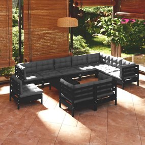 vidaXL 11 pcs conjunto lounge jardim c/ almofadões pinho maciço preto
