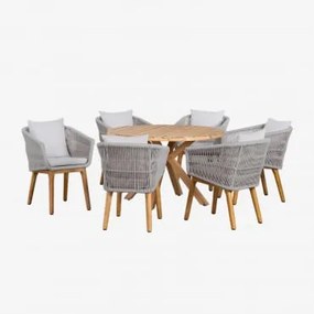 Conjunto De Mesa Redonda De Madeira (ø120 Cm) Naele E 6 Cadeiras De Jardim Barker Cinzento Glaciar - Sklum