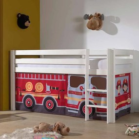 Cama alta de Criança PINO 90 x 200 cm + estrado + escada + cortina Bombeiros Branca