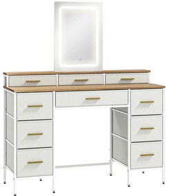 HOMCOM Toucador com Luzes LED de 3 Cores Espelho 10 Gavetas de Tecido e Pés em Aço 118,5x39,5x140 cm Madeira | Aosom Portugal